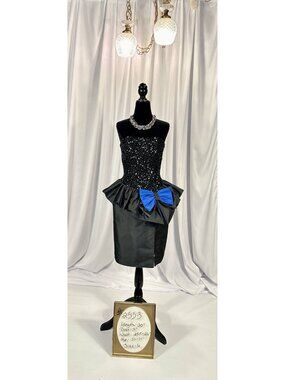 Vtg Mike Benet Blk/blue Sequin Satin Peplum Dress Formal Pencil Sz 6 Barbiecore